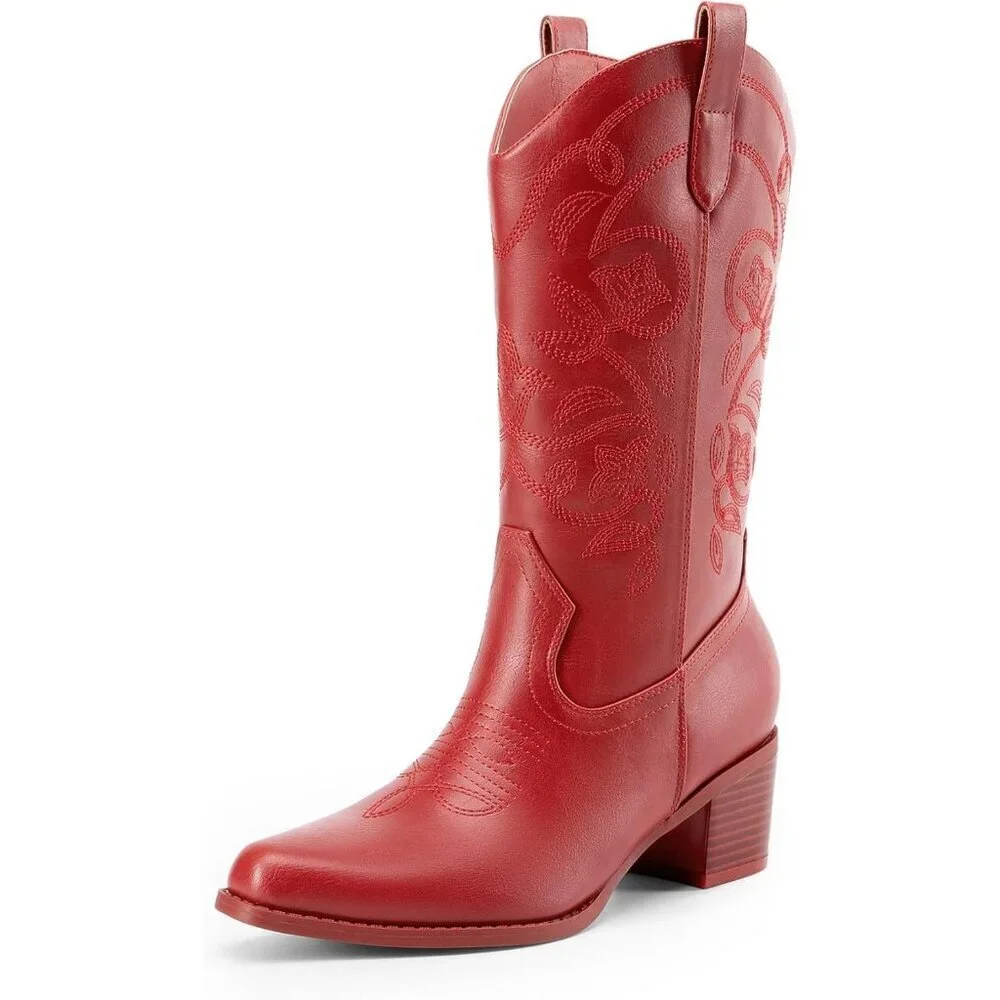 Women's Cowgirl Western Leather Embroidery Stitched Chunky Heel Mid Calf Boot